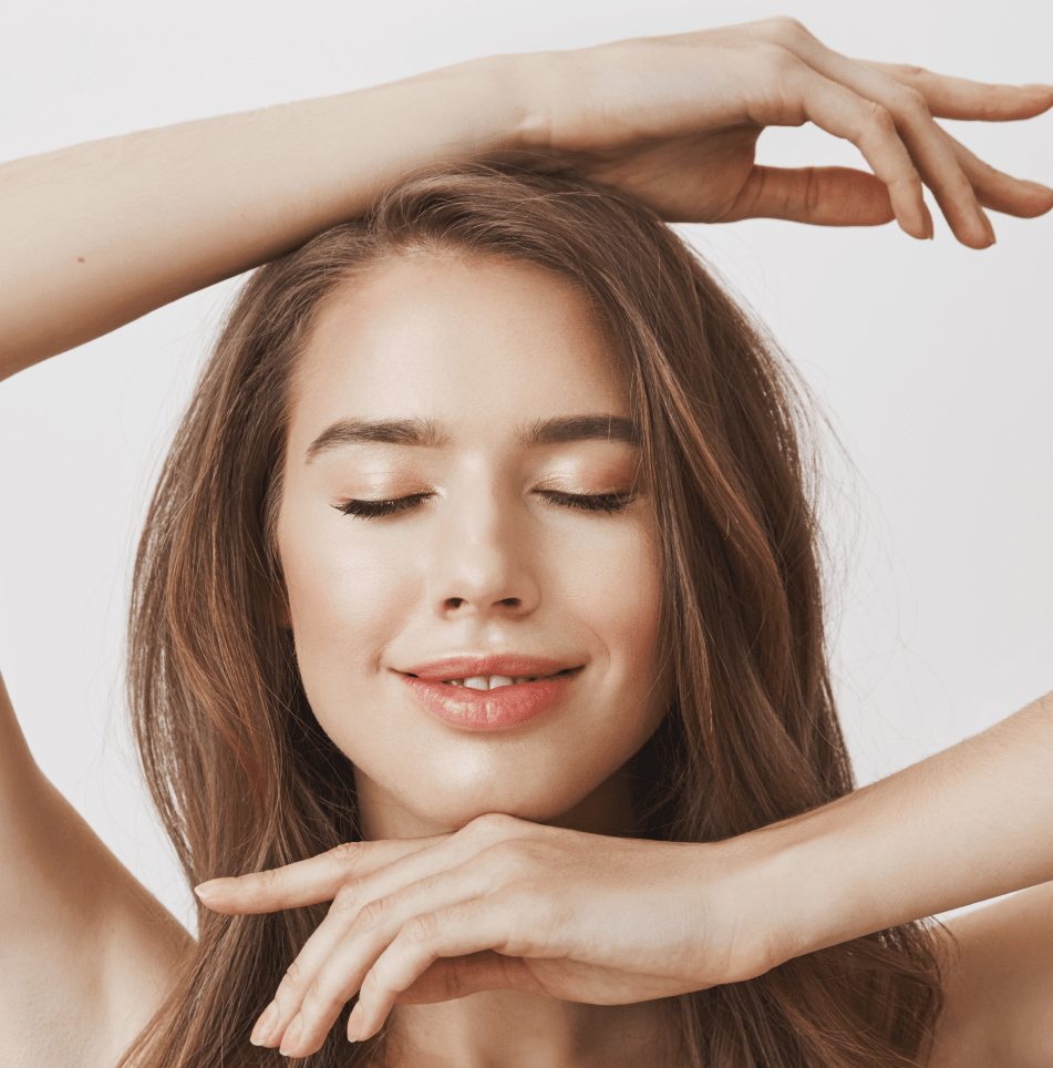 smiling tender woman close eyes showing makeup face 1